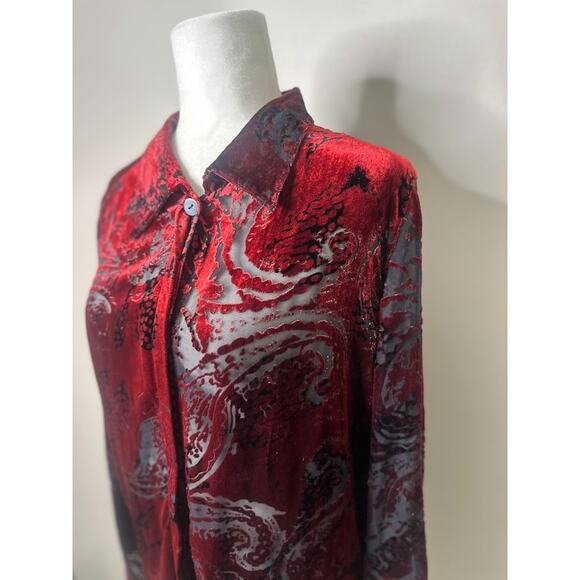 Laura Ashley Women Button Top Large Silk Red Sheer Velvet Burnout Paisley Office - Picture 2 of 10
